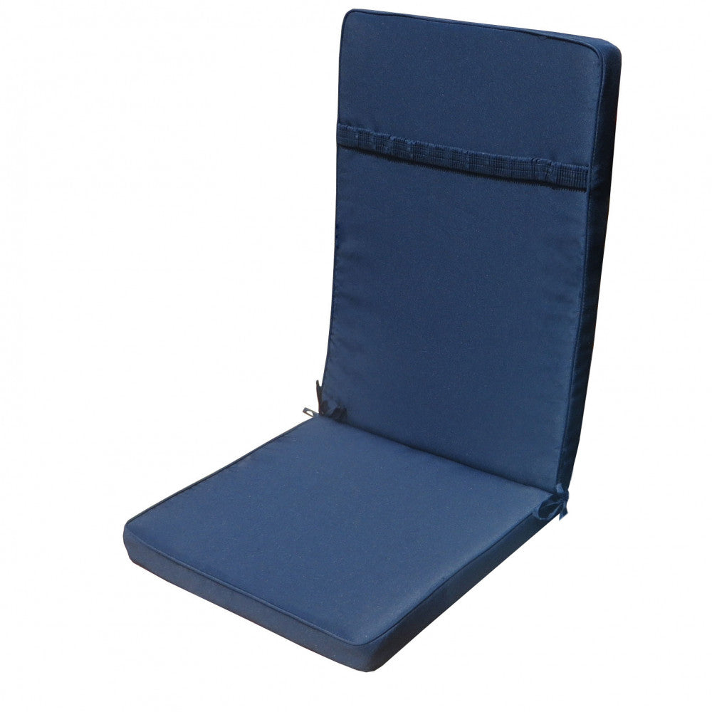 Retro del cuscino in tinta unita blu scuro, con fascia elastica per il fissaggio alla seduta.
