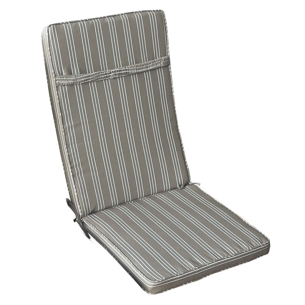 Vista posteriore del cuscino tortora su sfondo bianco, evidenziando la fascia elastica per il fissaggio alla seduta.