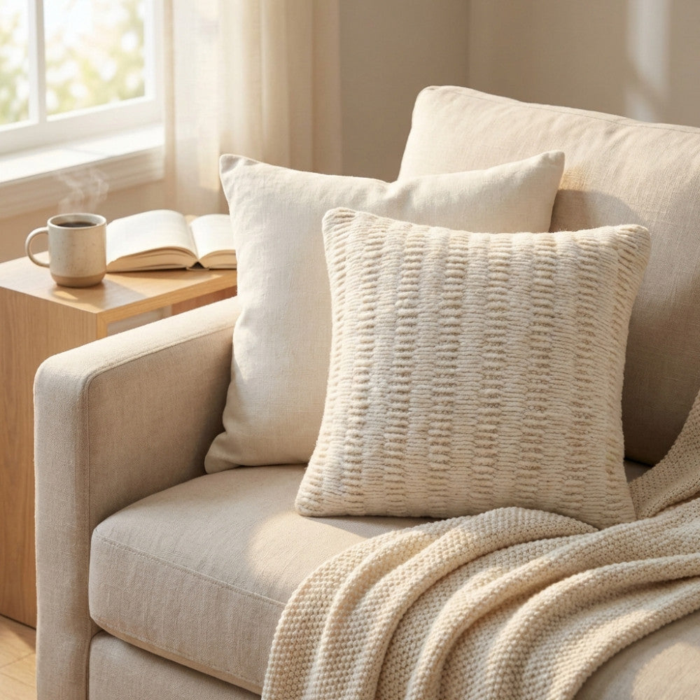 Cuscino Renaud in lana e cotone bianco posizionato su una poltrona beige, illuminato dalla luce naturale.