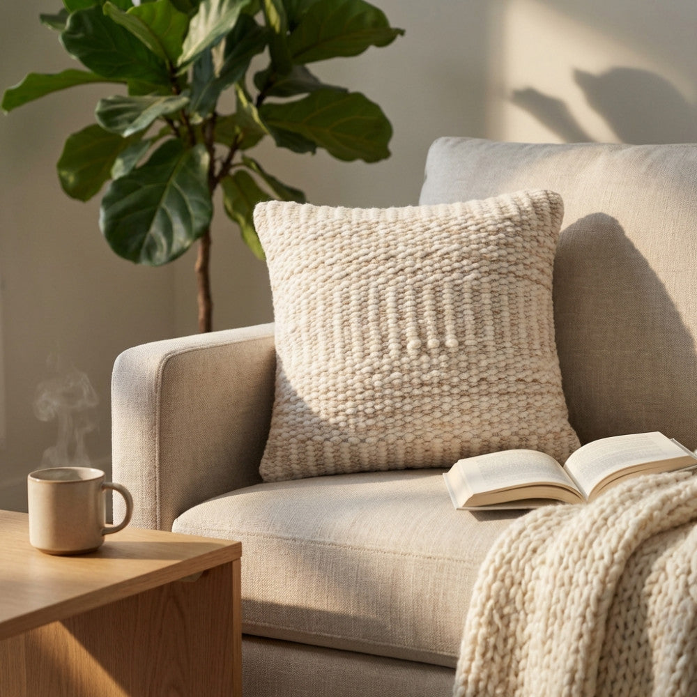 Cuscino Roméo in lana e cotone bianco ecrù posizionato su una poltrona beige, accanto a un tavolino in legno con tazza fumante.