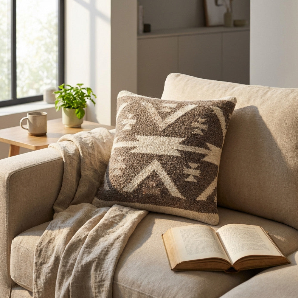 Dettaglio materico del cuscino Romaric con motivo geometrico su una seduta chiara con libro e coperta.