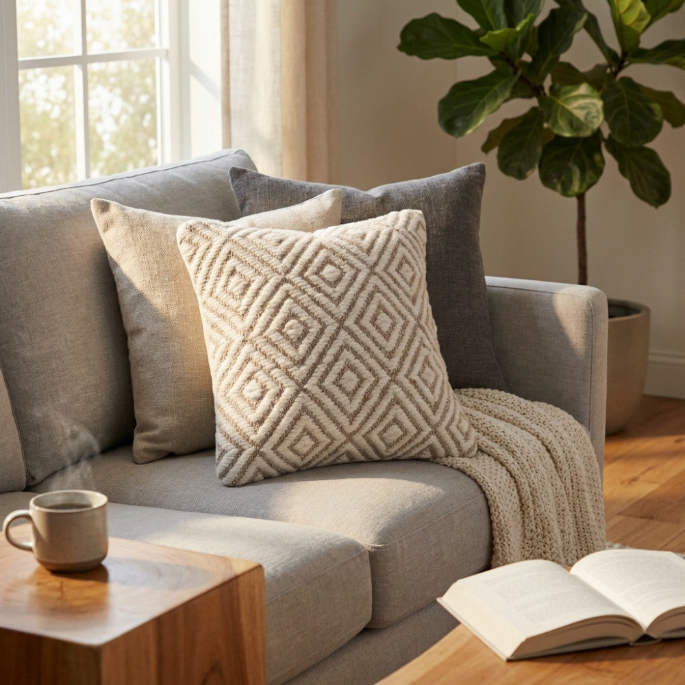 Cuscino Simeon in lana con pattern geometrico bianco e marrone chiaro, adagiato su un divano grigio illuminato dalla luce naturale.