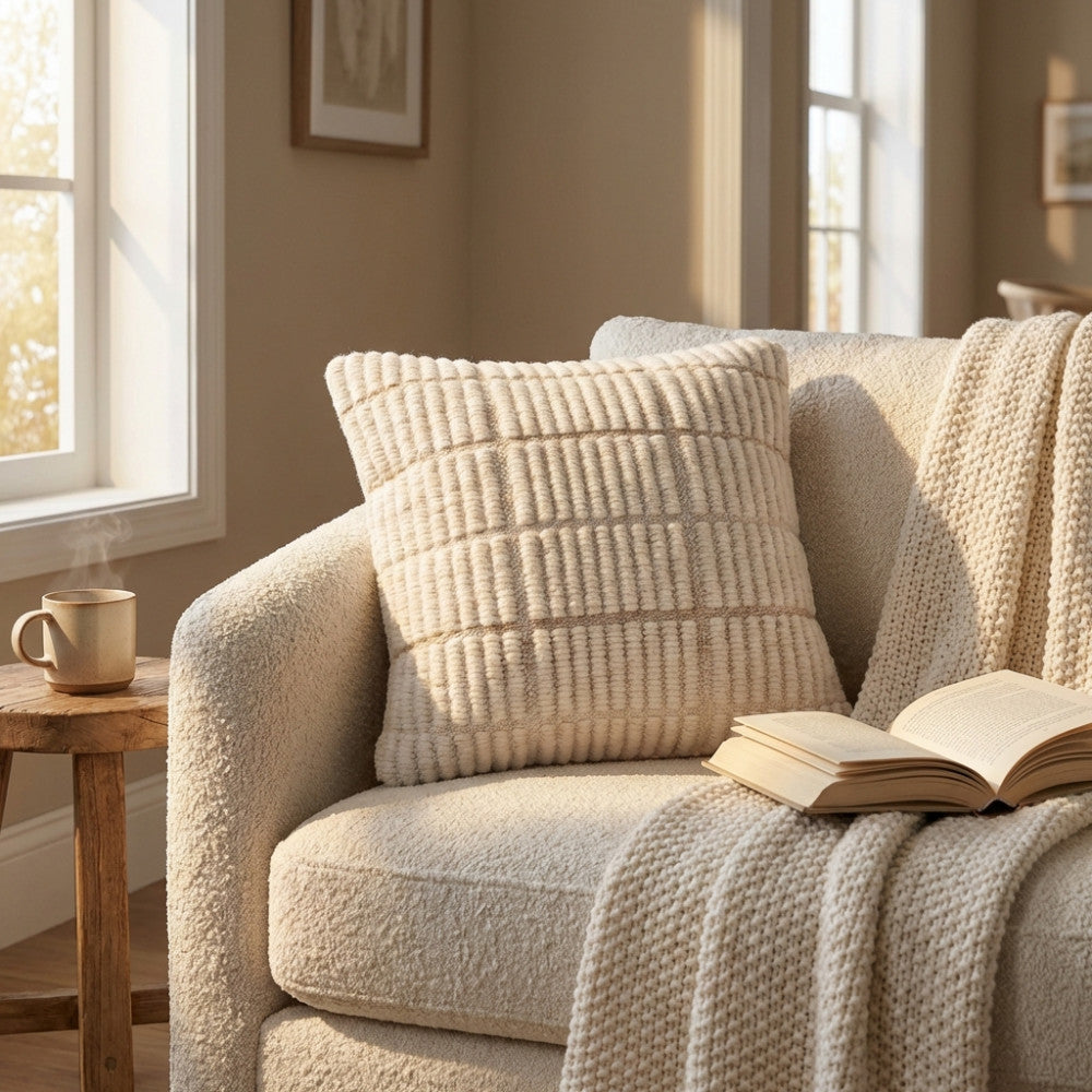 Cuscino Valentin 45x45 in lana bianco ecrù, appoggiato su una poltrona in bouclé illuminata dalla luce naturale.
