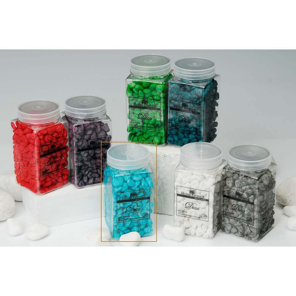 Confezione di sassolini grandi decorativi di colore azzurro, pronti per l'uso.