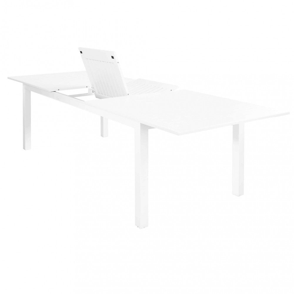 Dettagli apertura del Tavolo da giardino Cuba allungabile 220/280x100 cm in alluminio color bianco, ideale per grandi spazi esterni | Albert Stock