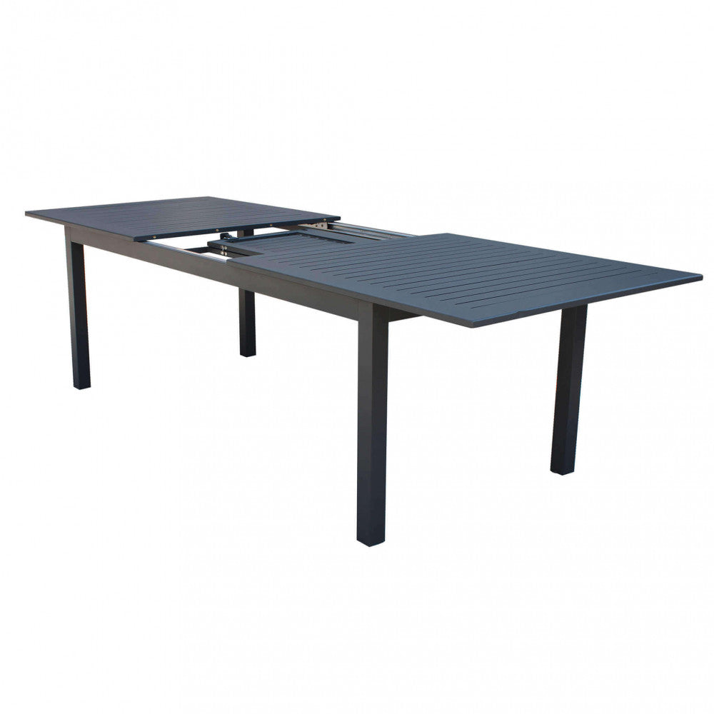 Dettaglio apertura Tavolo da giardino Cuba allungabile 220/280x100 cm in alluminio verniciato color antracite, ideale per ampie aree pranzo esterne | Albert Stock