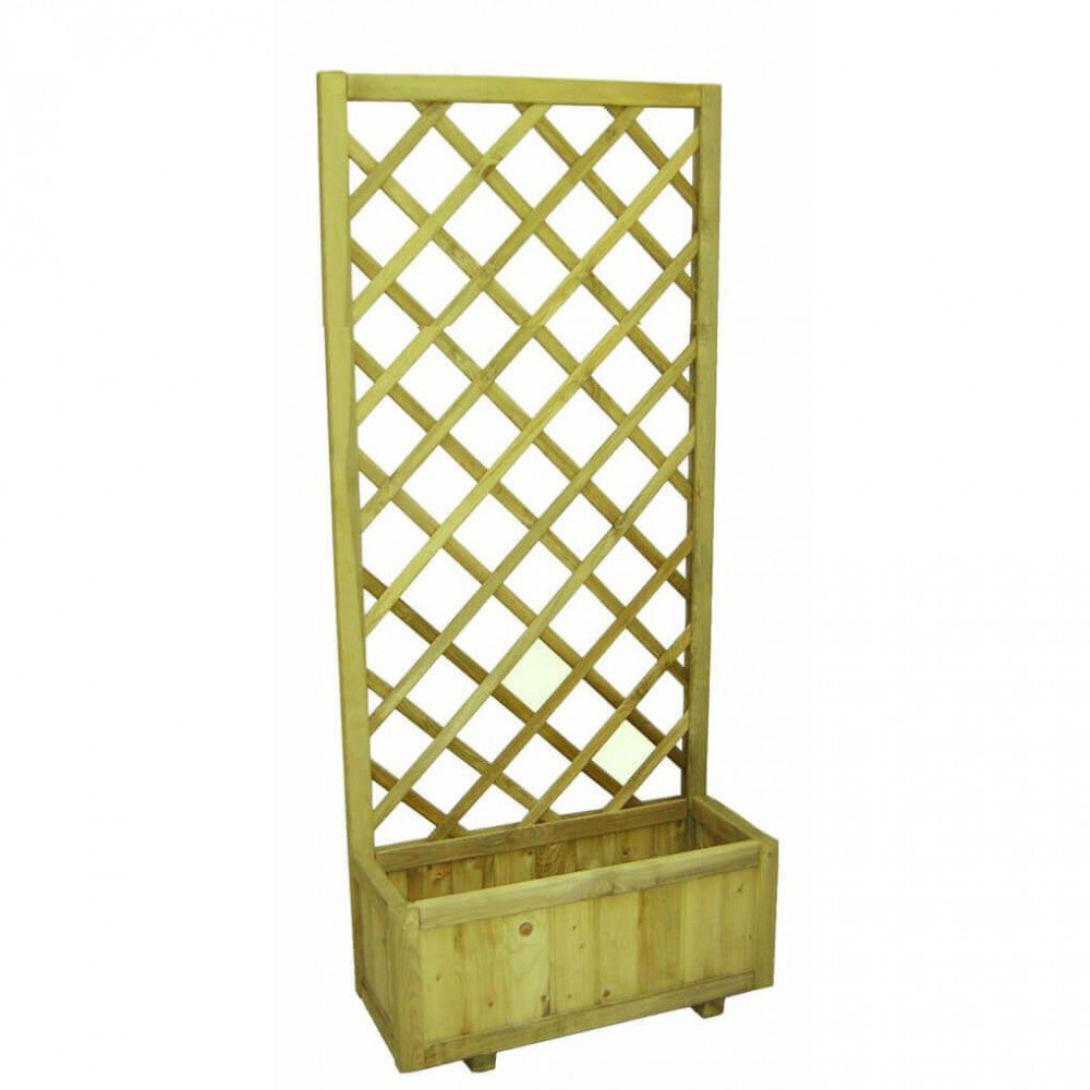 Primo piano della griglia a rombi e della base della fioriera, che mostra la texture del legno trattato e i dettagli costruttivi | Albert Stock