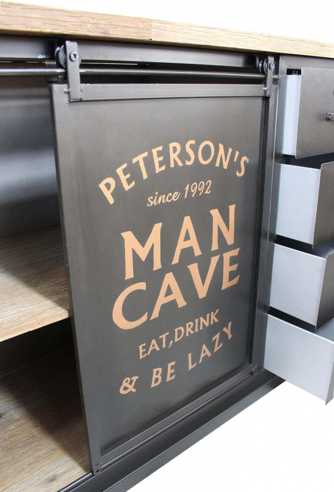 Dettaglio Guide Scorrevoli Mobile Daley credenza ampia in legno marrone e struttura in acciaio nero, stile industriale | Albert Stock