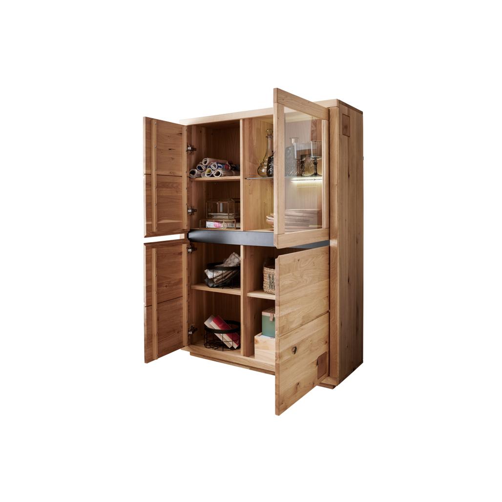 Dettagli e Vista degli spazi interni della credenza Fende I, che mostra i ripiani dietro le ante in legno e in vetro per un'organizzazione ottimale | Albert Stock