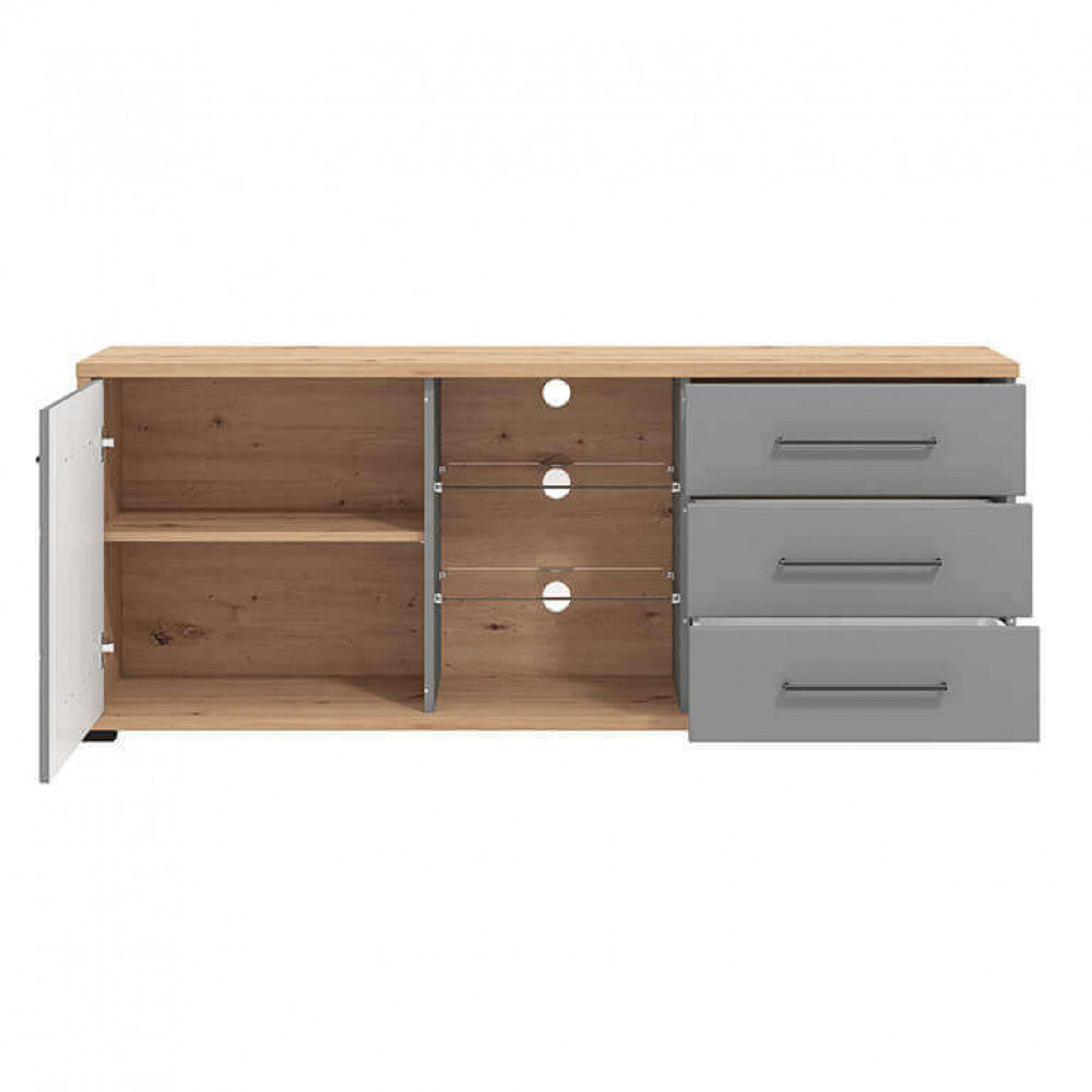 Primo piano e dettagli interni della TV Mensola Lisabon, che evidenzia la finitura del rovere artigiano e i dettagli in grigio grafite, mostrando la qualità dei materiali | Albert Stock