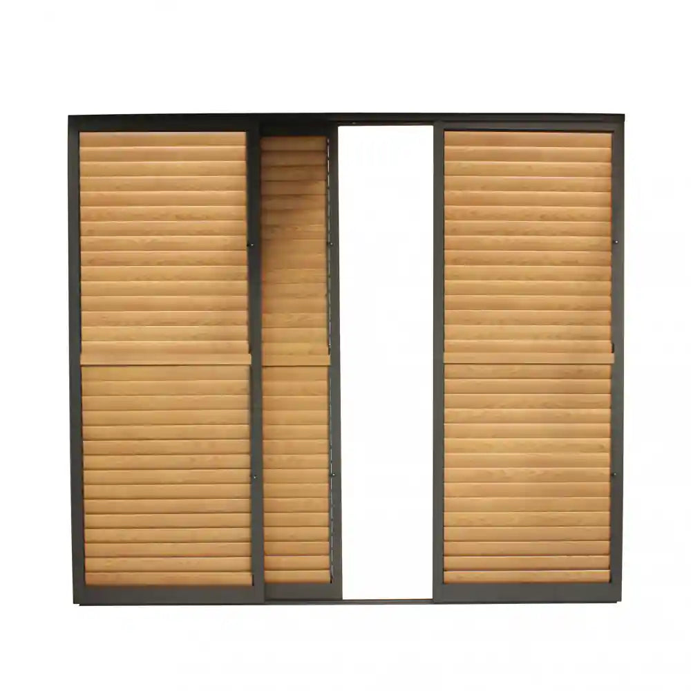 pannello laterale scorrevole con lamelle orizzontali in alluminio marrone per pergola bioclimatica lato 3m aperto