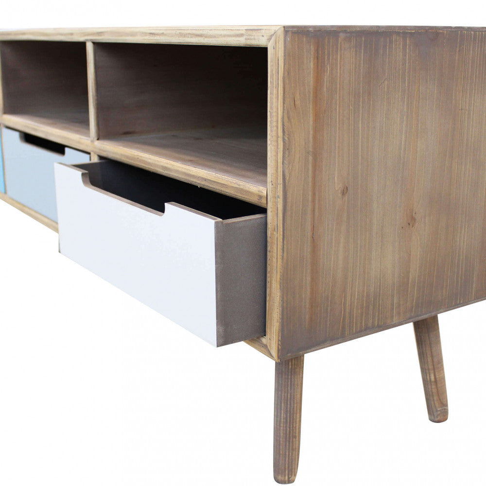 dettaglio panoramica del Il Porta TV Tiburg ambientato in un living moderno, con televisore e accessori, mostrando come il suo design unico valorizzi lo spazio | Albert Stock