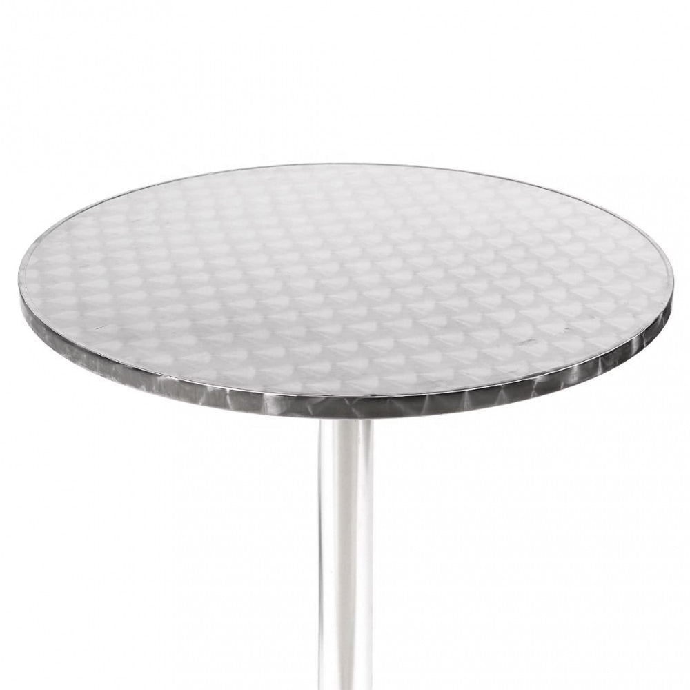 Primo piano del piano laminato in acciaio 304 e del bordo in alluminio del tavolo a colonna, mostrando la finitura resistente alle intemperie | Albert Stock