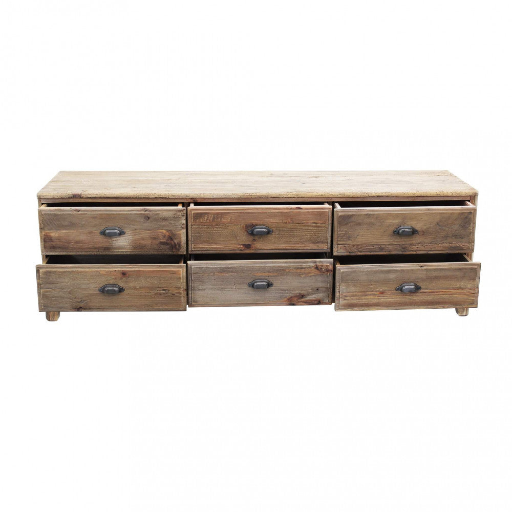 Primo piano dei sei cassetti allineati del Porta TV Godfrey, che mostrano la texture del legno riciclato e le maniglie discrete | Albert Stock