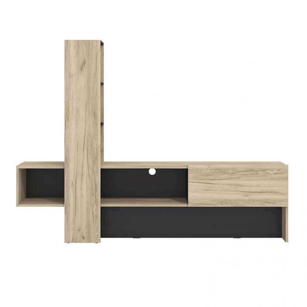 Primo piano del Porta TV Orense, che evidenzia la finitura del rovere grigio e i dettagli neri, mostrando la qualità dei materiali e lo sviluppo verticale | Albert Stock