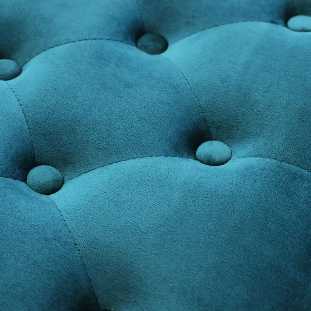 dettaglio seduta e velluto della Panca da camera in velluto blu 110 cm con struttura in legno