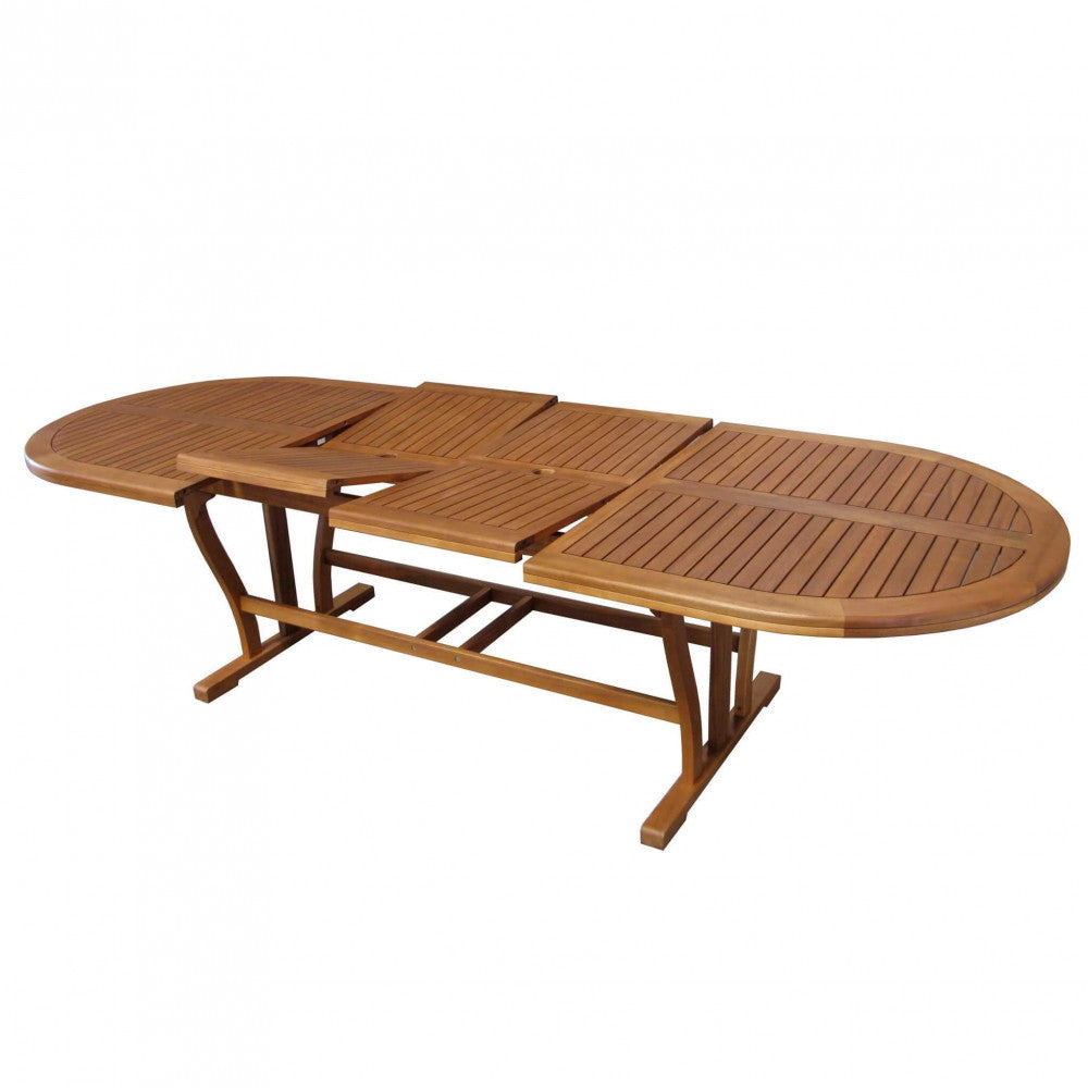 Primo piano del tavolo Leonardo che mostra lo spessore del legno (44mm) e la venatura dell'acacia