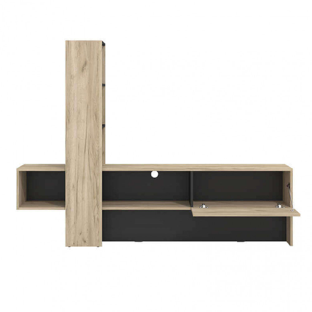 Dettaglio ani interni del Porta TV Orense in rovere grigio e nero, con design alto e moderno, ideale per un soggiorno elegante e organizzato | Albert Stock