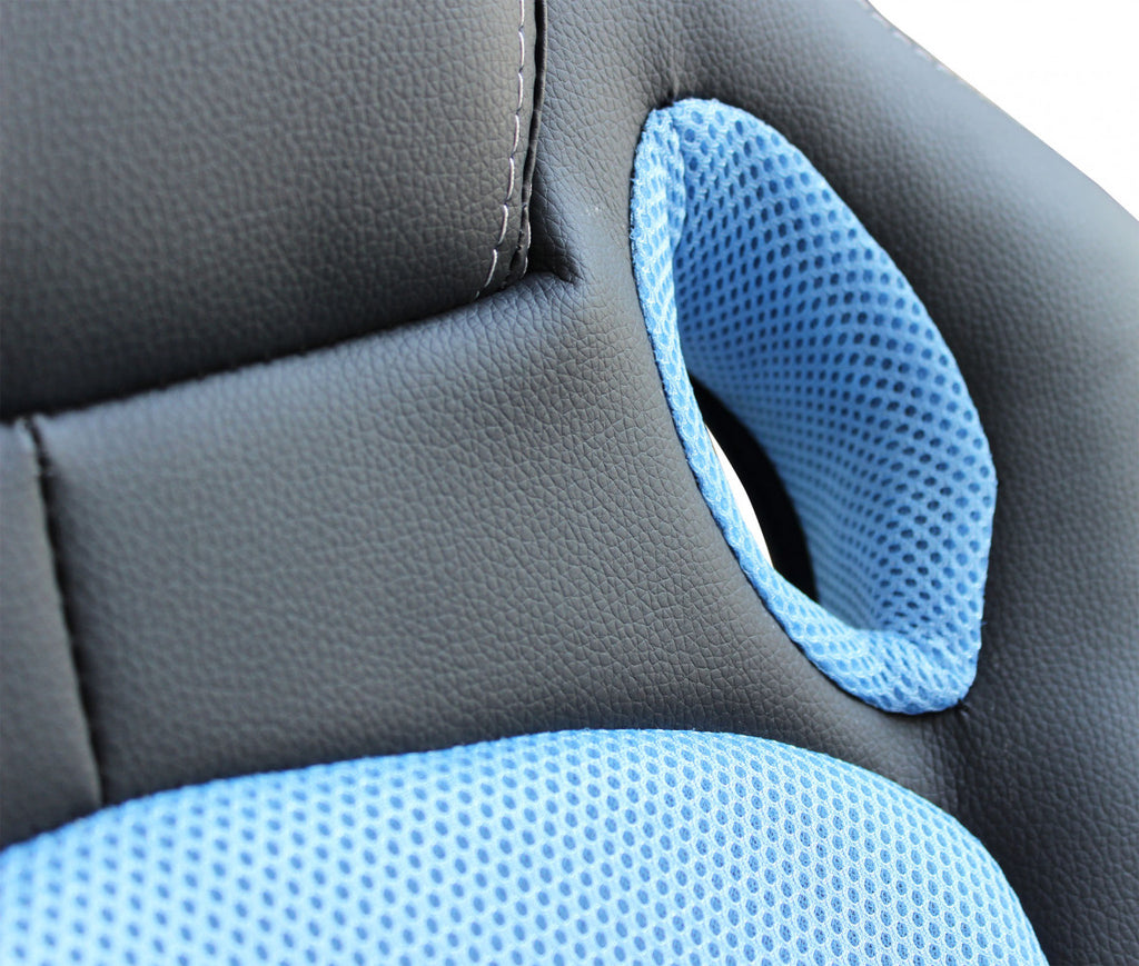 Dettaglio poggiatesta della poltrona da gaming uncharted blu e nera ergonomica per ufficio e postazione pc