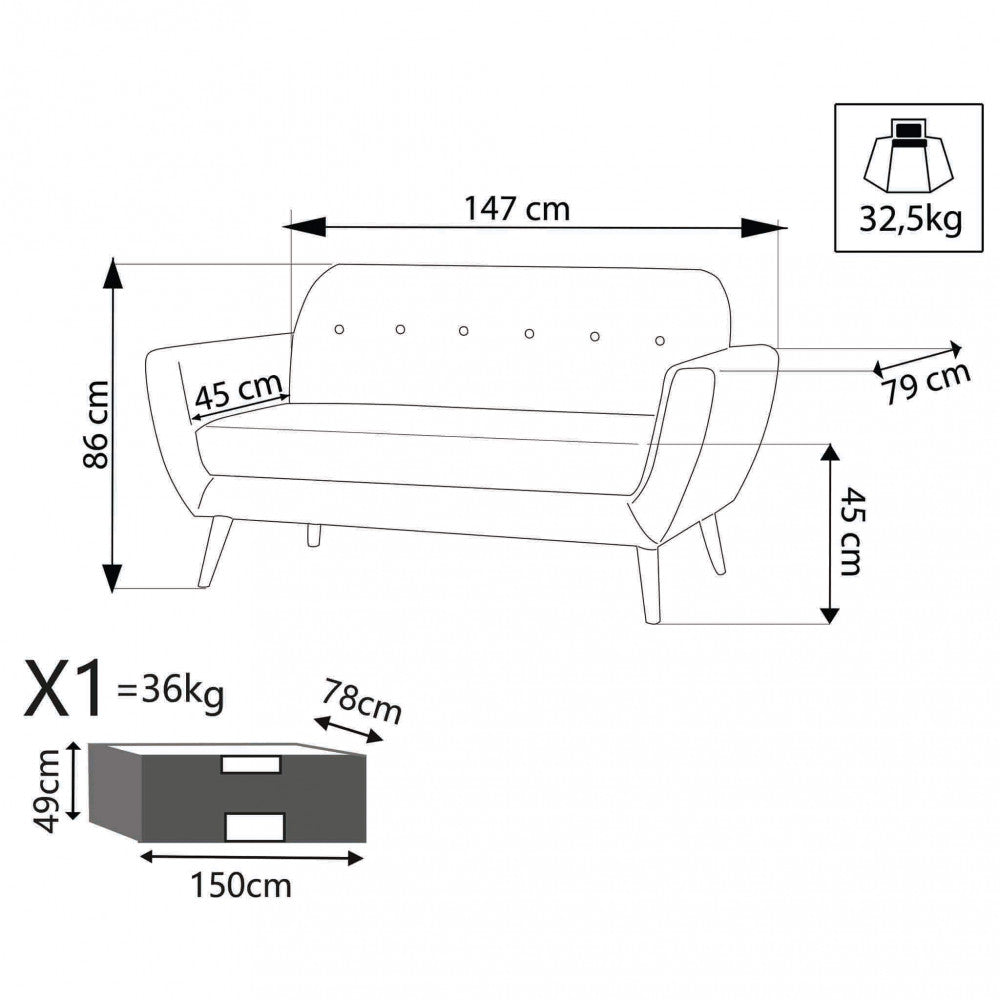 Disegno tecnico del divano 2 posti Burton con misure dettagliate: larghezza 147 cm, altezza 86 cm e profondità 79 cm.