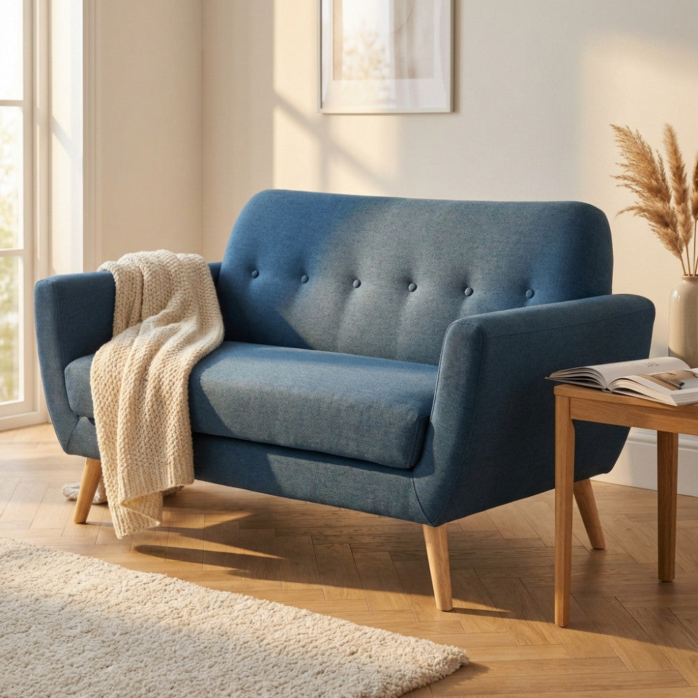 Dettaglio del divano 2 posti blu con coperta beige, illuminato da luce naturale in un ambiente domestico accogliente.