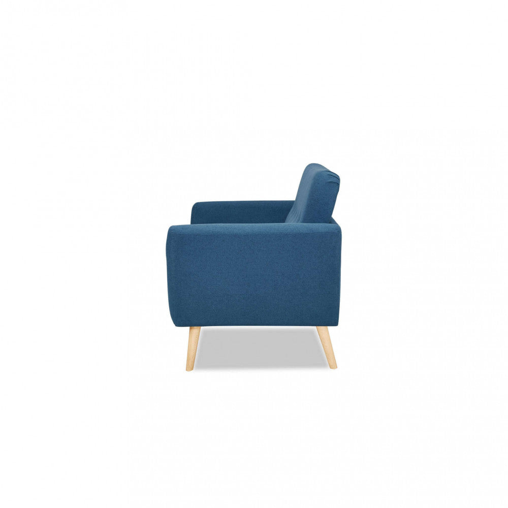 Profilo laterale del divano in tessuto blu, che mostra l'inclinazione ergonomica dello schienale e la profondità della seduta.