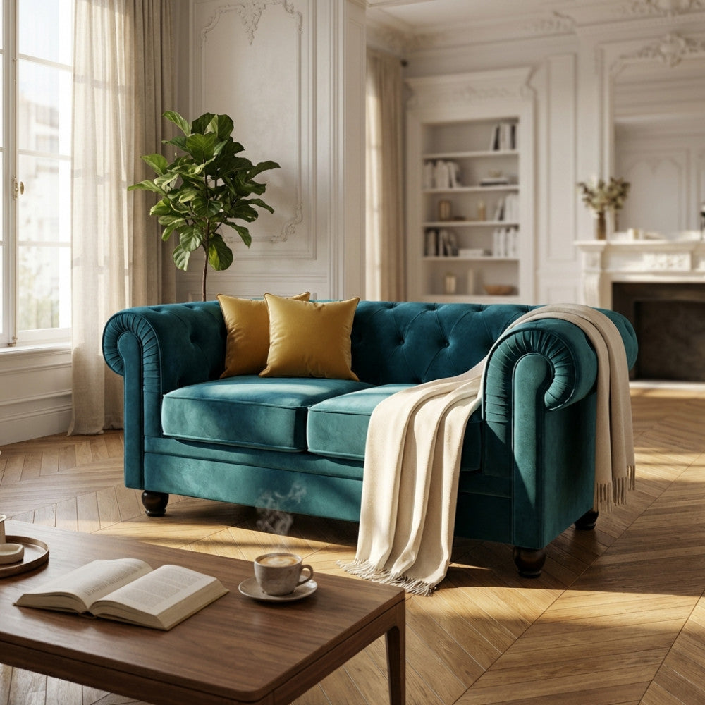 Vista frontale del divano Chesterfield blu arricchito da cuscini senape in un elegante soggiorno classico.