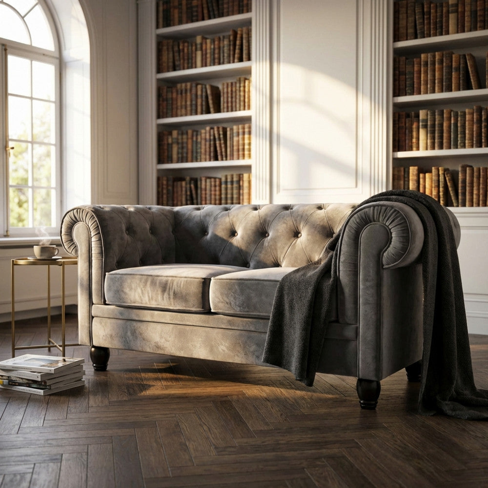 Divano Chesterfield in velluto taupe ambientato in una biblioteca elegante con pavimenti in legno.