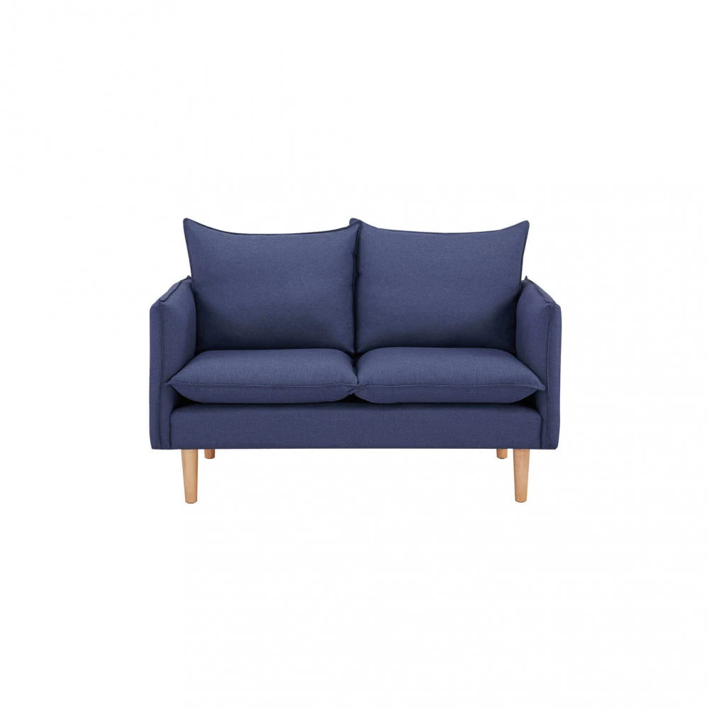 Divano 2 Posti Florin in Tessuto Blu (130 cm) con gambe in legno, design moderno ed elegante.