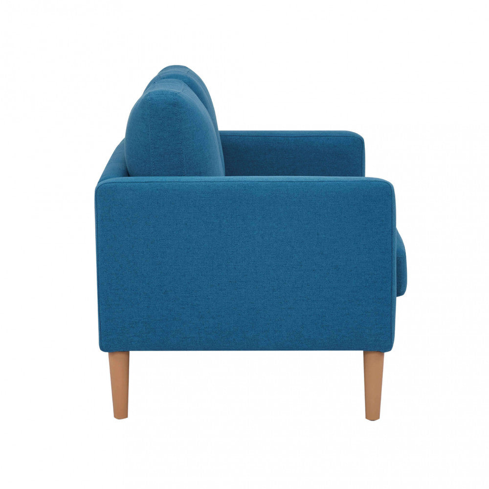 Profilo laterale del divano 2 posti Ramsey blu, che mostra la profondità di 73 cm e l'inclinazione ergonomica dello schienale.
