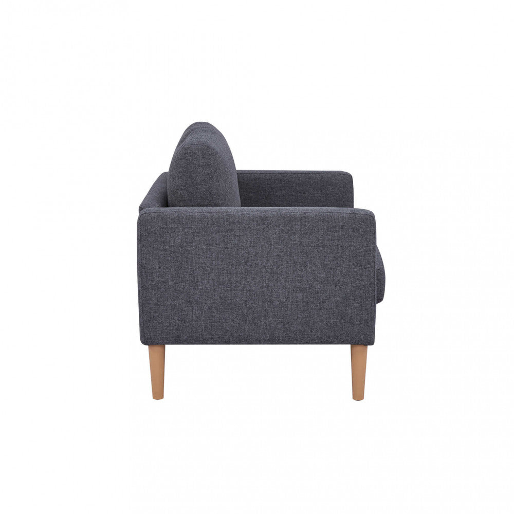 Profilo laterale del divano Ramsey in tessuto grigio scuro su sfondo bianco, mettendo in risalto l'inclinazione ergonomica dello schienale.