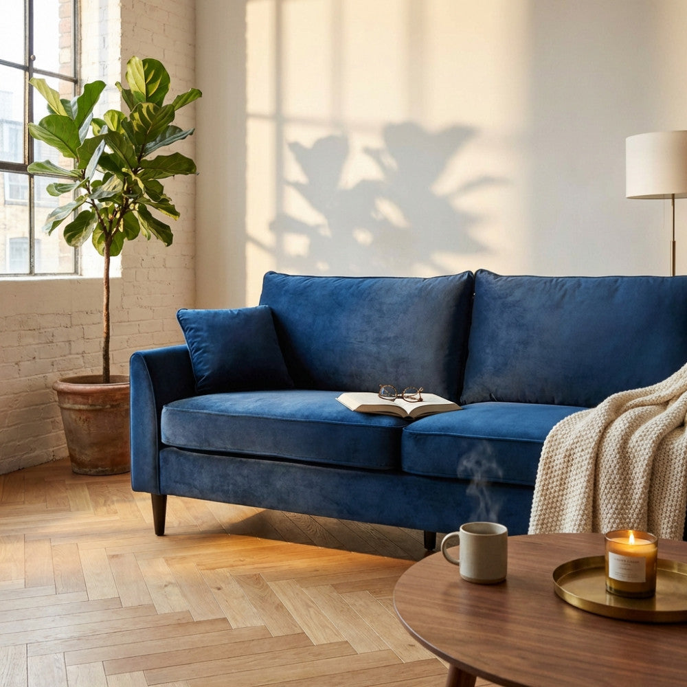 Dettaglio del divano in velluto blu illuminato dalla luce naturale con coperta in maglia e tavolino in legno.