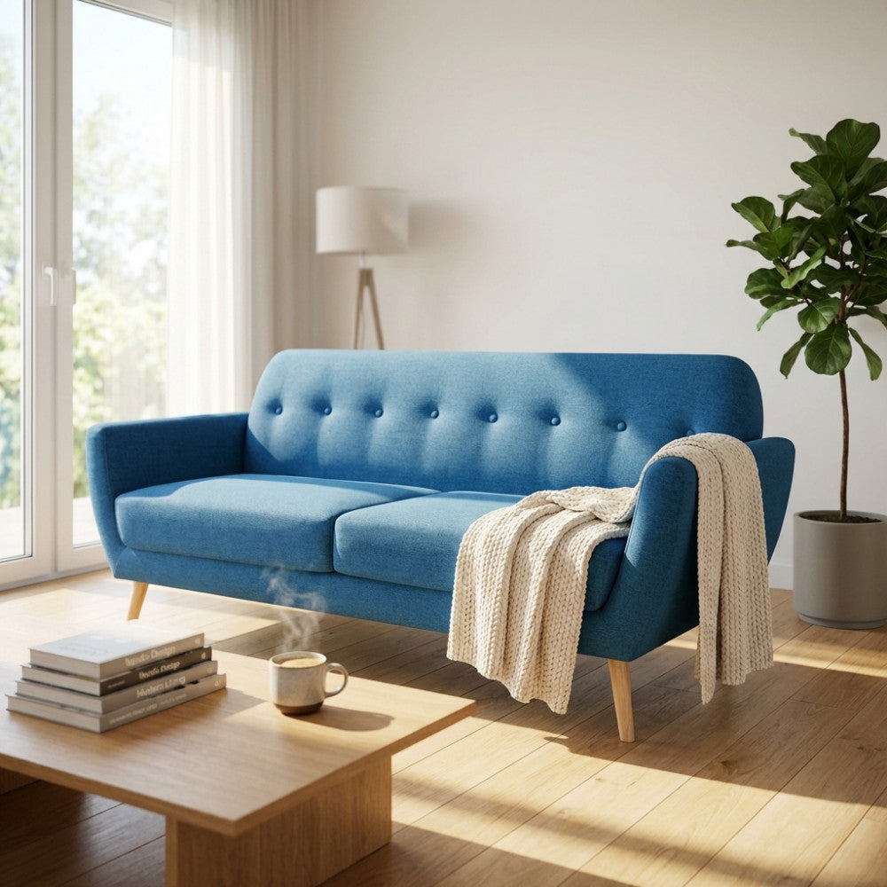 Divano 3 posti Burton in tessuto blu ambientato in un luminoso soggiorno moderno con tavolino in legno e pianta d'appartamento.