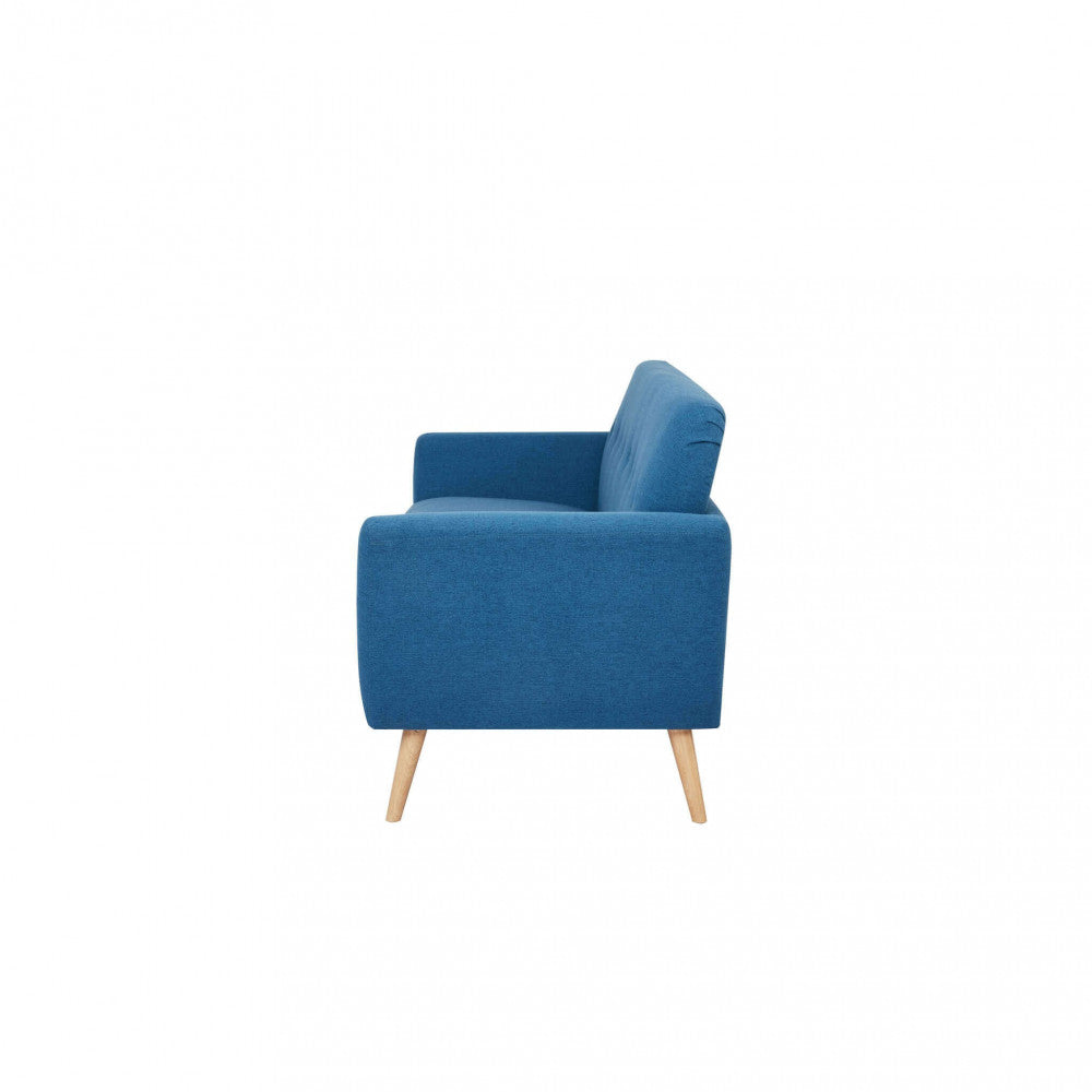 Profilo laterale del divano 3 posti Burton in tessuto blu, che mette in risalto l'inclinazione ergonomica dello schienale.