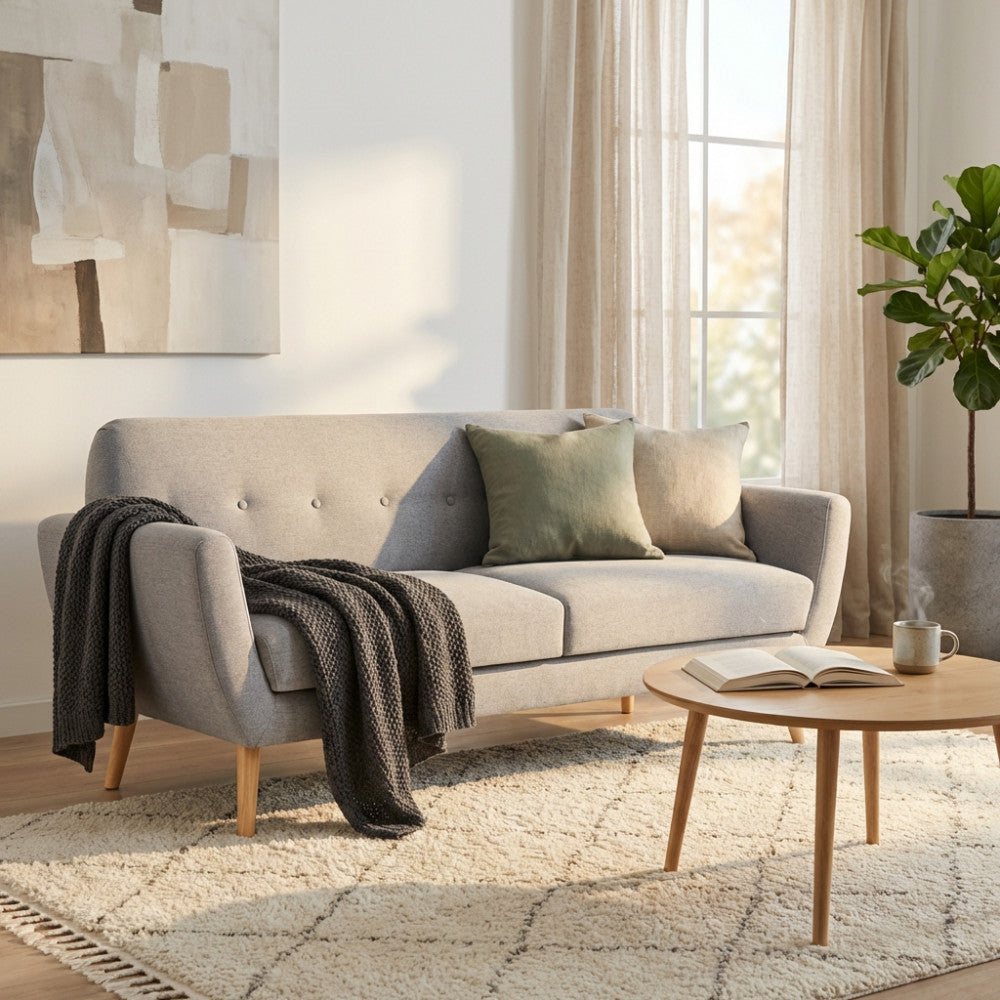 Vista frontale del divano 3 posti Burton grigio chiaro con cuscini decorativi verdi e beige in un salotto moderno.