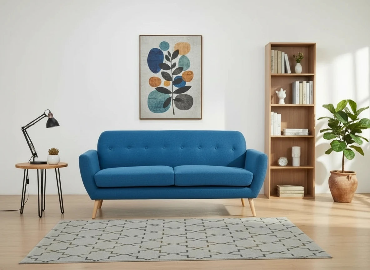 Divano 3 Posti Burton in Tessuto Blu (193 cm) con bottoni decorativi, gambe in polipropilene, design moderno, vista frontale, ambientato