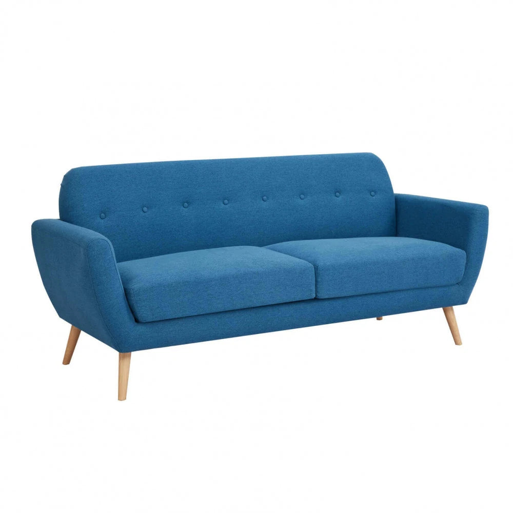 Divano 3 Posti Burton in Tessuto Blu (193 cm) con bottoni decorativi, gambe in polipropilene, design moderno, panoramica frontale