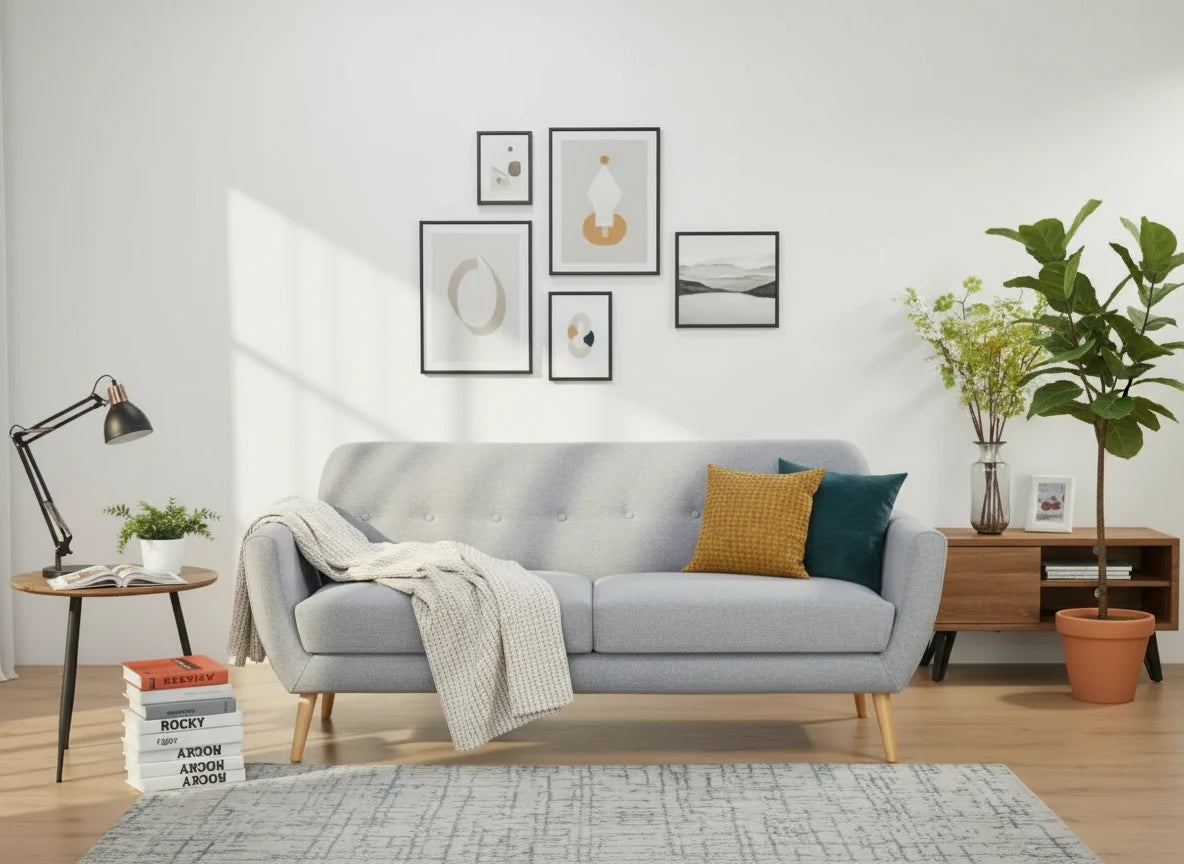 Divano 3 Posti Burton in Tessuto Grigio Chiaro (193 cm) con bottoni decorativi, gambe in polipropilene, design moderno, ambientato in salotto