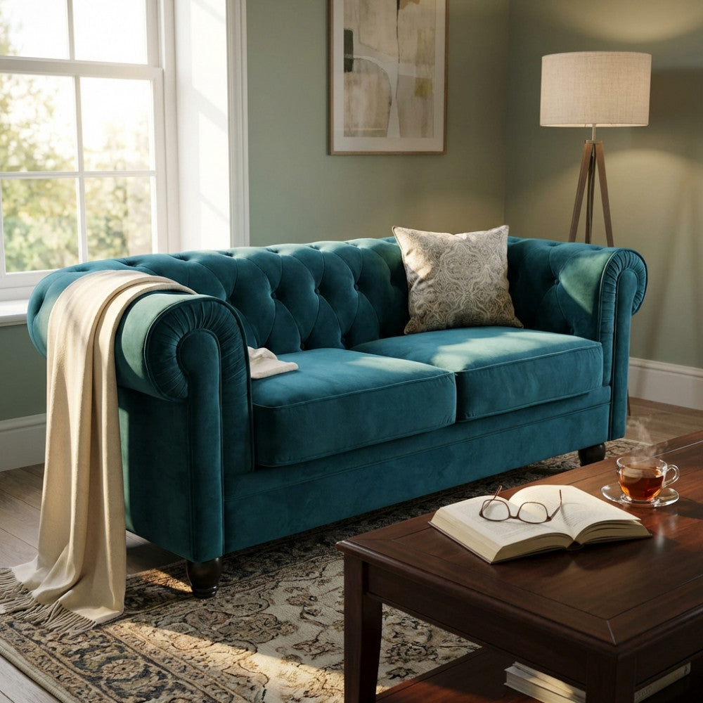 Divano 3 posti Chesterfield in velluto blu ambientato in un salotto luminoso con lampada da terra in legno.