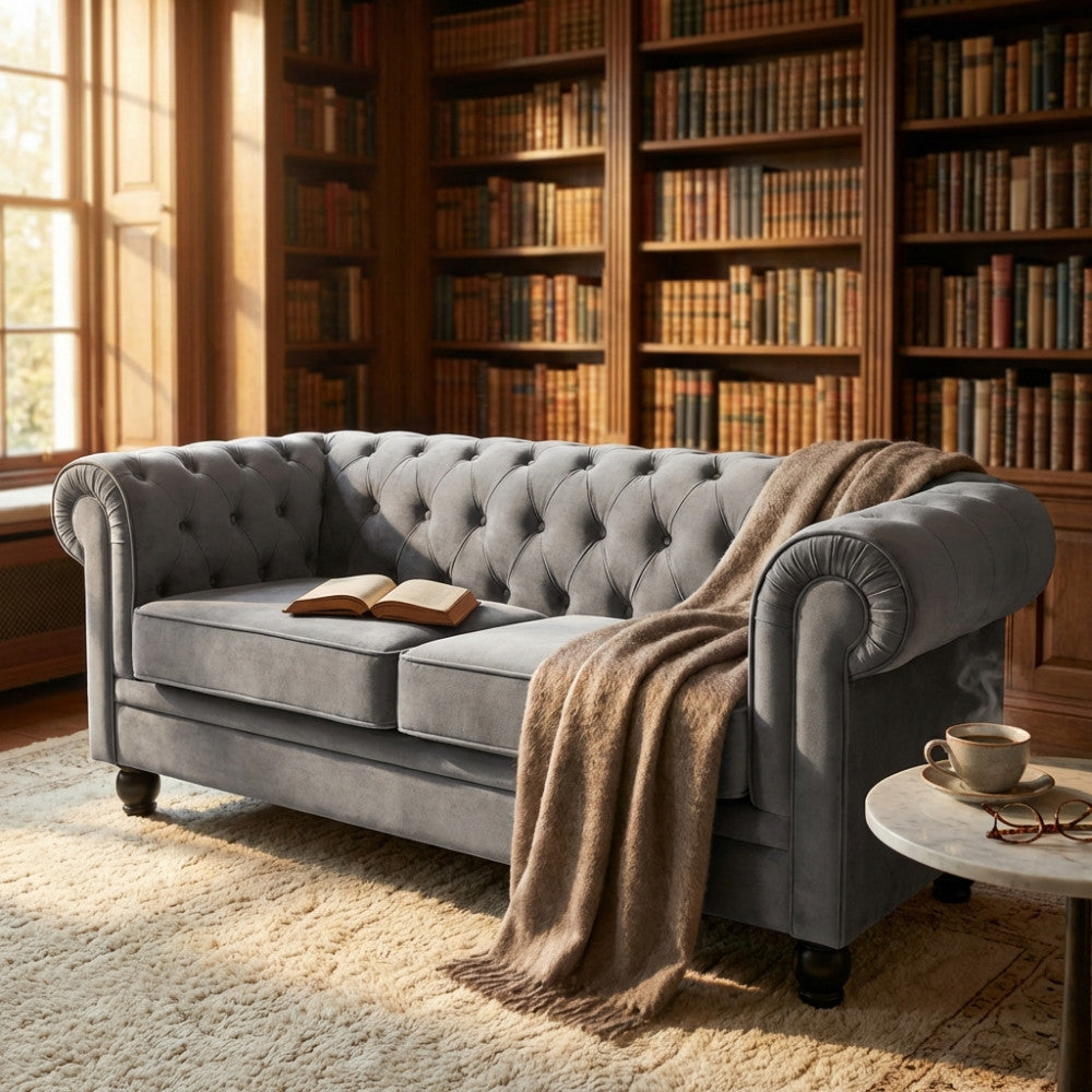 Dettaglio del divano Chesterfield in velluto grigio con un libro aperto e una coperta in cashmere, in un'elegante sala lettura.