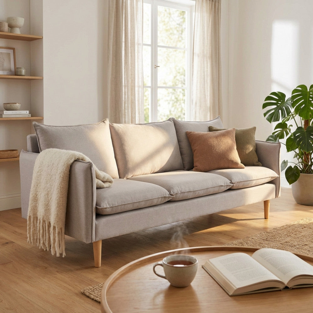 Vista angolare del divano Florin beige in un living caldo con tavolino in legno e tazza fumante.
