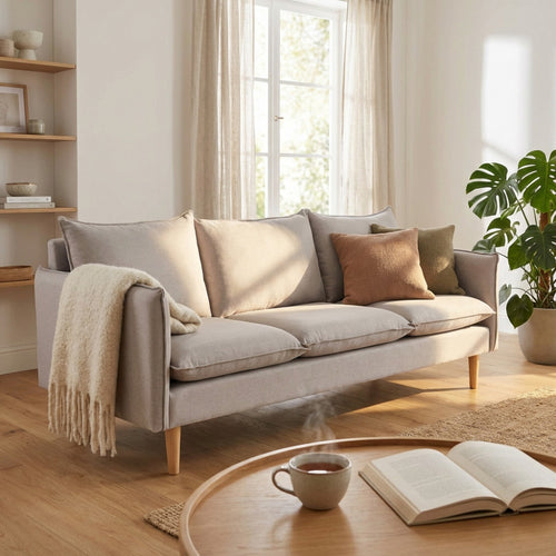 Vista angolare del divano Florin beige in un living caldo con tavolino in legno e tazza fumante.