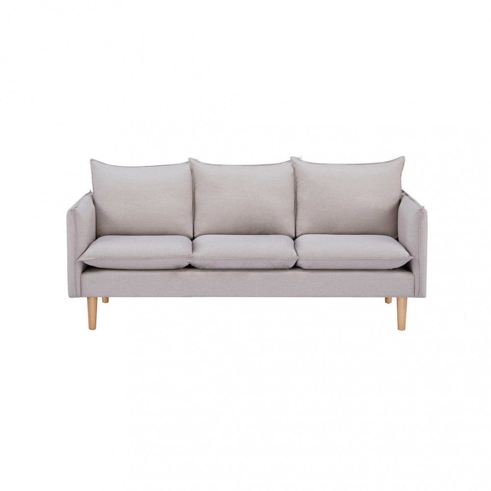 Prospettiva frontale simmetrica del divano Florin in tessuto beige su sfondo bianco.