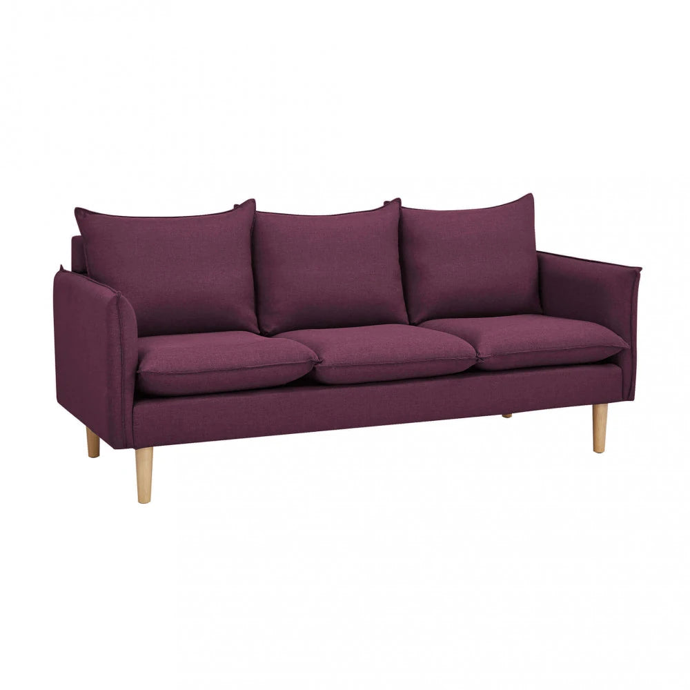 Divano 3 Posti Florin in Tessuto Viola (188 cm) con gambe in legno, design moderno ed elegante, vista frontale