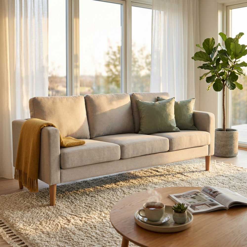 Dettaglio del divano Ramsey beige in un contesto living, illuminato dal sole con cuscini decorativi verdi.