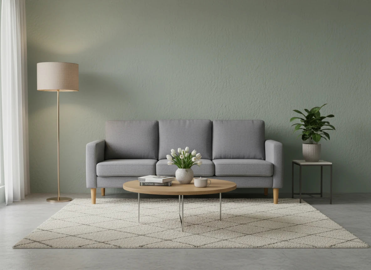 Divano 3 Posti Ramsey in Tessuto Grigio Chiaro (177 cm) con gambe in polipropilene, design moderno e compatto, panoramica Frontale, ambientato