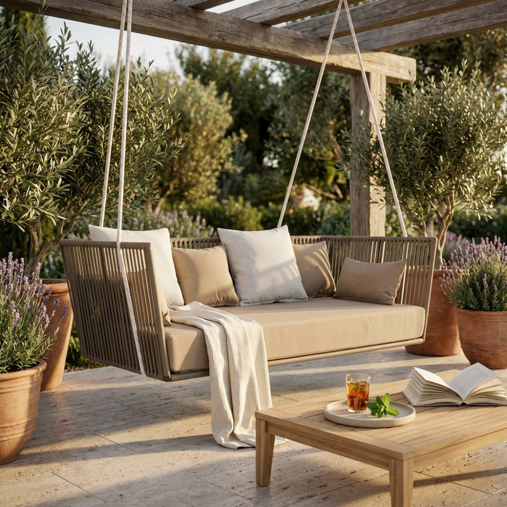 Dettaglio del divano altalena a due posti con cuscini sfoderabili, inserito in un elegante contesto outdoor con tavolino in teak.