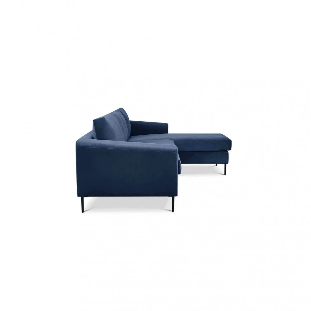 Divano con Chaise Longue Gregory in Tessuto Blu (281 cm) con gambe in metallo, design moderno e confortevole, profilo laterale