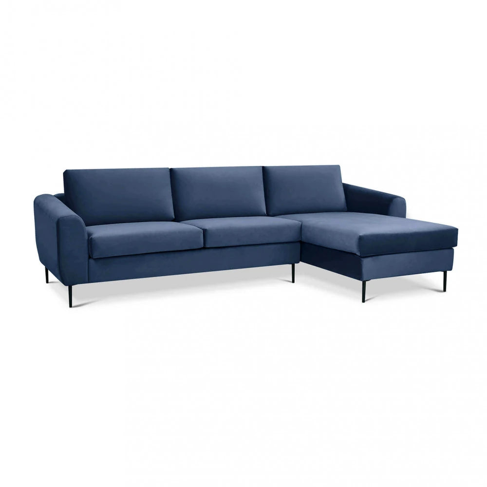 Divano con Chaise Longue Gregory in Tessuto Blu (281 cm) con gambe in metallo, design moderno e confortevole, vista frontale