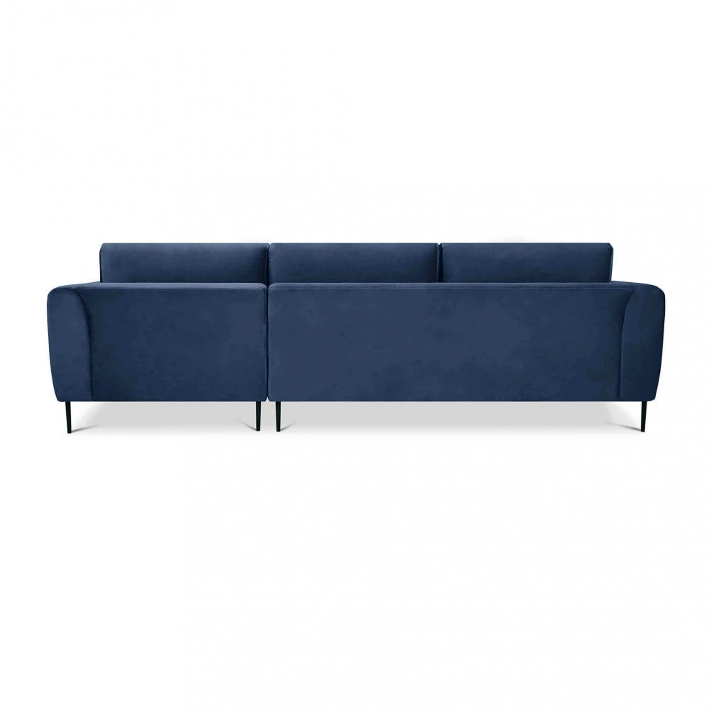 Divano con Chaise Longue Gregory in Tessuto Blu (281 cm) con gambe in metallo, design moderno e confortevole, vista posteriore